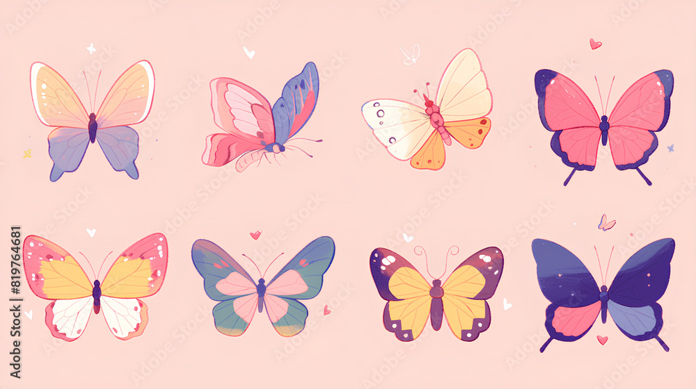 set of cute, simple, beautifully colored butterflies