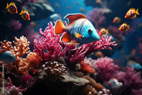 Colorful tropical fish in the aquarium. Underwater world with corals and tropical fish. © Darcraft