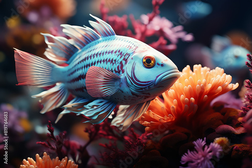 Colorful tropical fish in the aquarium. Underwater world with corals and tropical fish.