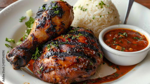 Grilled chicken leg with white rice and spicy tomato sauce, topped with fresh herbs, featuring traditional tanzanian flavors