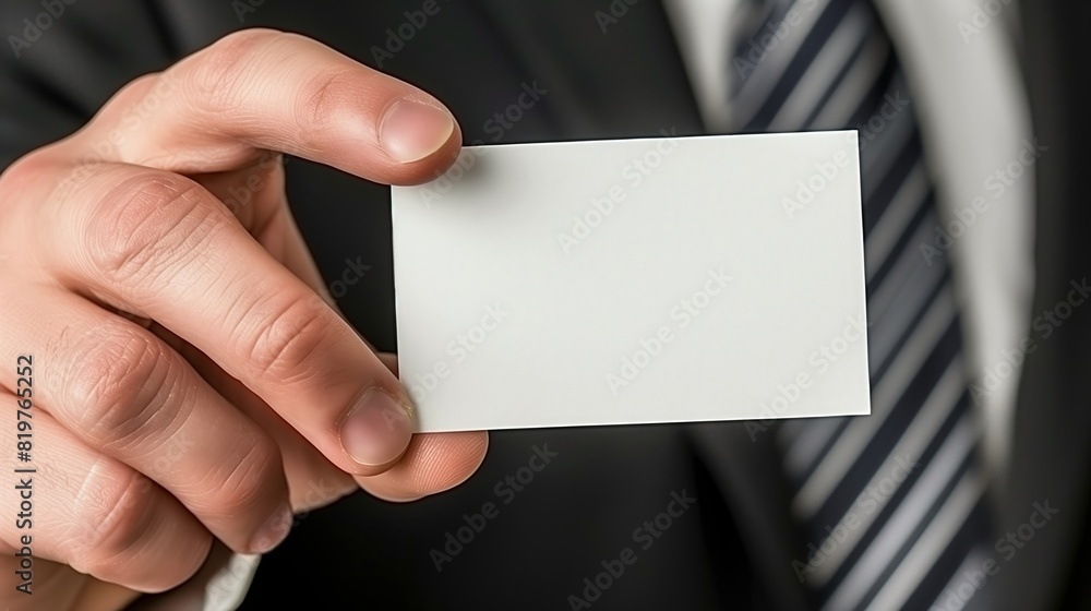 Close up of a man's hand holding a blank business card mockup, a white paper with space for text in front view. Close up of a man's hand holding a blank business card mockup, a white paper with space for text in front view.