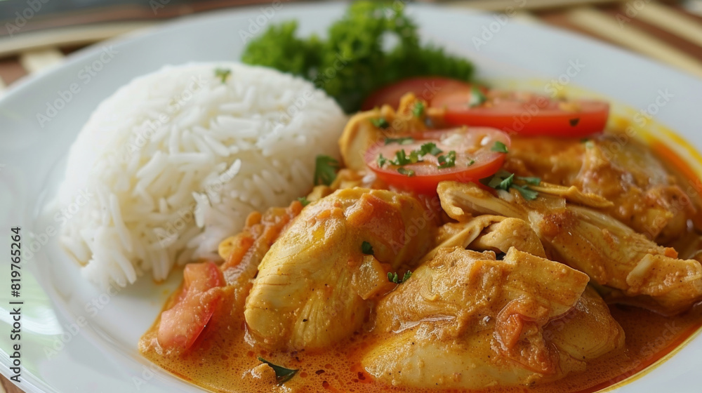 Delicious plate of classic tanzanian chicken stew paired with fluffy white rice, topped with fresh herbs and sliced tomatoes Delicious plate of classic tanzanian chicken stew paired with fluffy white rice, topped with fresh herbs and sliced tomatoes