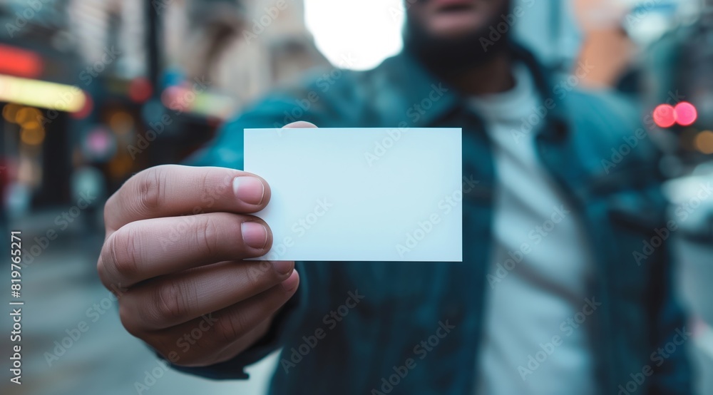 Close up of a man's hand holding a blank business card mockup, a white paper with space for text in front view. Close up of a man's hand holding a blank business card mockup, a white paper with space for text in front view.