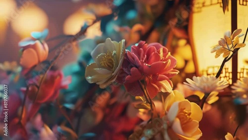 A colorful bouquet of flowers with a yellow flower in the middle. The flowers are arranged in a way that they look like they are growing out of a tree. Scene is cheerful and bright