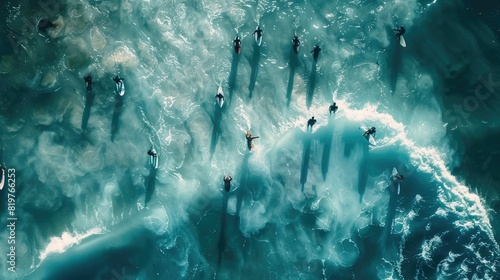 A group of surfers are riding wind waves on the electric blue water, enjoying a recreational event in the ocean. The marine biology and patterns underwater add to the beauty of the scene AIG50 photo