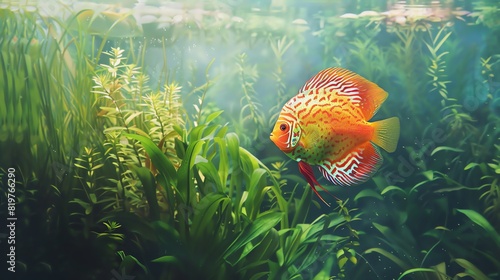 Elegant discus fish swimming in a natural and verdant aquarium scene