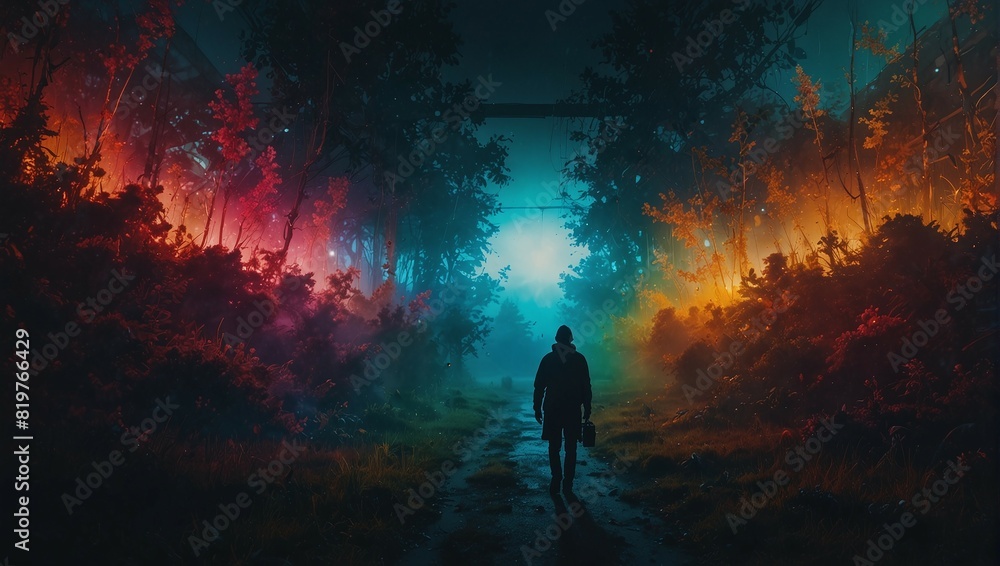 Mysterious forest with glowing trees and a lone figure walking at twilight