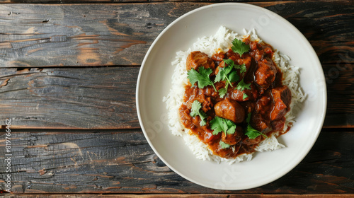 Traditional tanzanian beef stew with fresh coriander and white rice in a ceramic plate - authentic african dish photo