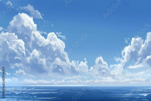 Illustration of blue sky with clouds above the sea