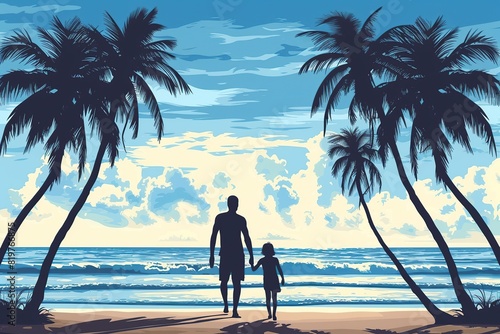 Illustration of family walks together on tropical beach near ocean