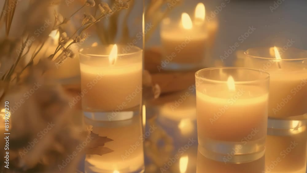 A close up of four candles in glass jars. The candles are lit and the jars are placed on a table. Scene is warm and cozy, as the candles create a soft, inviting atmosphere A close up of four candles in glass jars. The candles are lit and the jars are placed on a table. Scene is warm and cozy, as the candles create a soft, inviting atmosphere