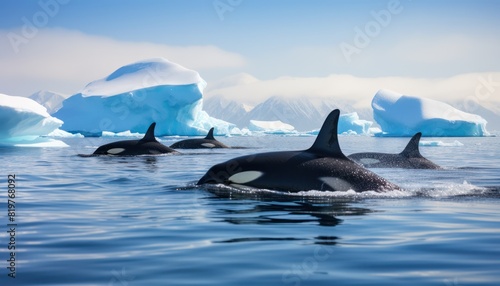 Groups of Orcas or killer whales swim and hunt for prey  the top of the food chain in a sea of       ice floes