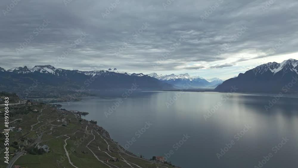 Drone shot of the terraced fields overlooking Lake Geneva in Chemin de la Dame, Puidoux, Switzerland Drone shot of the terraced fields overlooking Lake Geneva in Chemin de la Dame, Puidoux, Switzerland