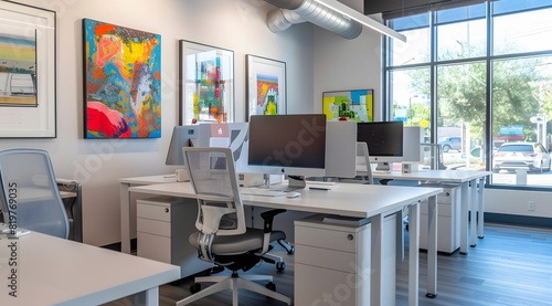 Modern office interior design. A modern colorful office space with empty workstations