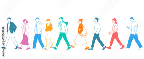 Group men,  women and teenagers walk, different colors, cartoon character, silhouettes walking  people, profile, design concept of flat icon, hand draw vector illustration,isolated on white