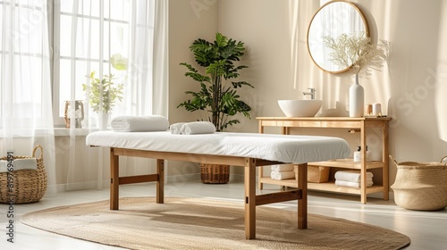 The Image Reference Shows A Massage Room. The Room Is Decorated In A Modern Style With Neutral Colors And Natural Materials.  
