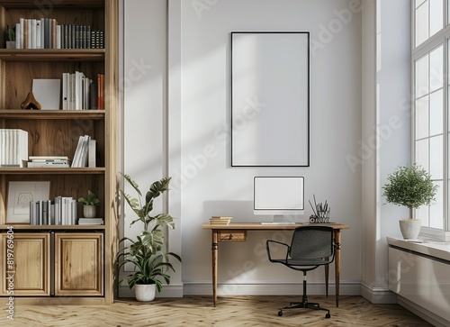 3D render Frame blank mockup. Study room wall poster mockup. Interior mockup with background. Modern interior design.