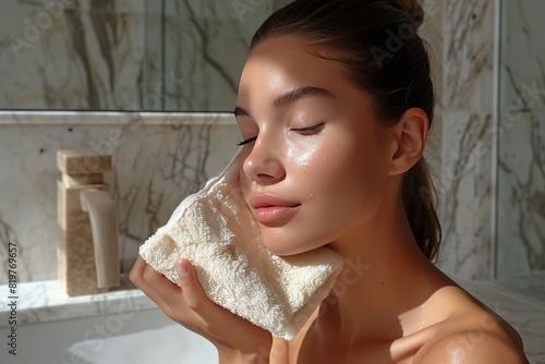Makeup Remover Cloth Using a reusable makeup remover cloth, promoting sustainable beauty practices