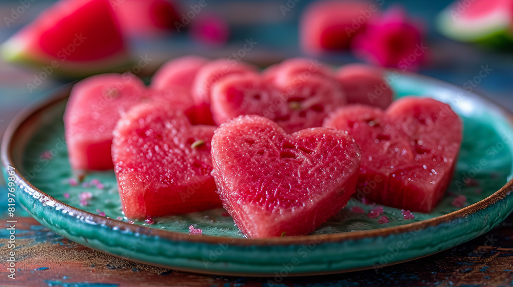 Obraz premium Watermelon slices creatively cut into heart shapes