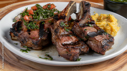 Succulent grilled lamb chops garnished with fresh herbs, accompanied by traditional tanzanian sides of vegetables and polenta, on a wooden table