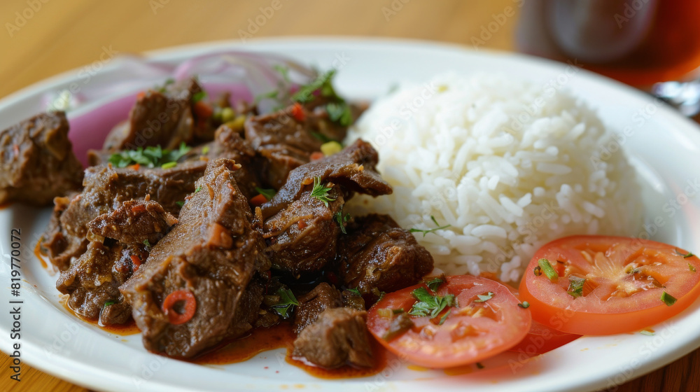 Close-up shot of a traditional tanzanian meal with beef stew, rice, and fresh tomato slices topped with parsley Close-up shot of a traditional tanzanian meal with beef stew, rice, and fresh tomato slices topped with parsley