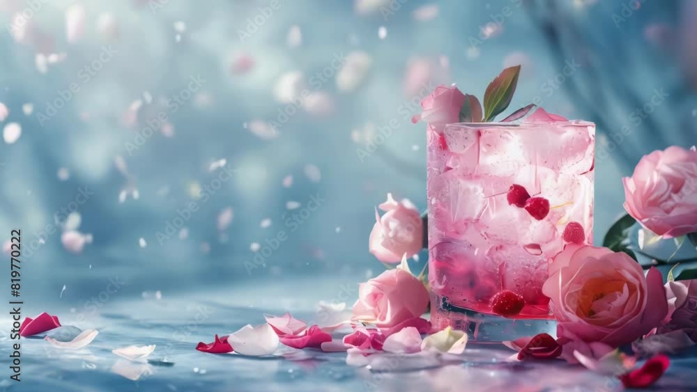 A glass of pink drink with a rose on top. The drink is cold and refreshing, and the rose adds a touch of elegance and beauty to the scene. Concept of relaxation and enjoyment A glass of pink drink with a rose on top. The drink is cold and refreshing, and the rose adds a touch of elegance and beauty to the scene. Concept of relaxation and enjoyment
