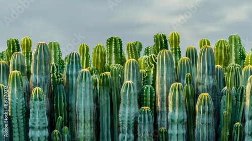 Saguaro Cacti Stand Tall In The Arizona Desert, Their Arms Reaching Toward The Sky Like Giant Green Fingers. photo