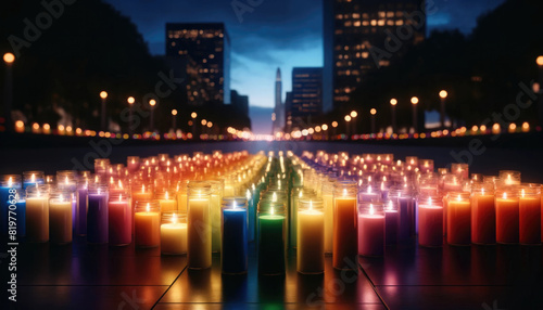 A reflective candlelight vigil scene with candles in rainbow colors arranged in rows.
