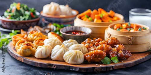 Chinese breakfast items on wooden platter with bamboo steamer and vegan milk. Concept Food Photography, Chinese Cuisine, Vegan Breakfast, Natural Ingredients, Culinary Art