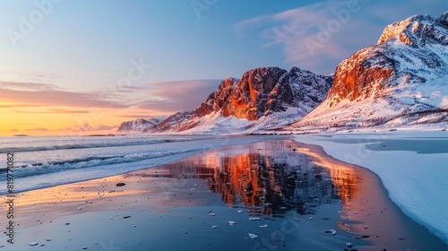 A Stunning Winter Landscape Of Snow-Capped Mountains And A Frozen Beach At Sunset, Reflecting The Vibrant Colors Of The Sky. photo