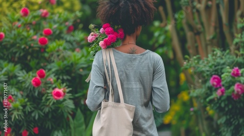 Woman Walking with Flower Bouquet. photo