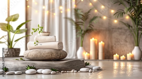 Pebbles, Candles And Rolled Up Towels On A Stone Slab With A Small Potted Plant On Top In A Spa-Like Setting.