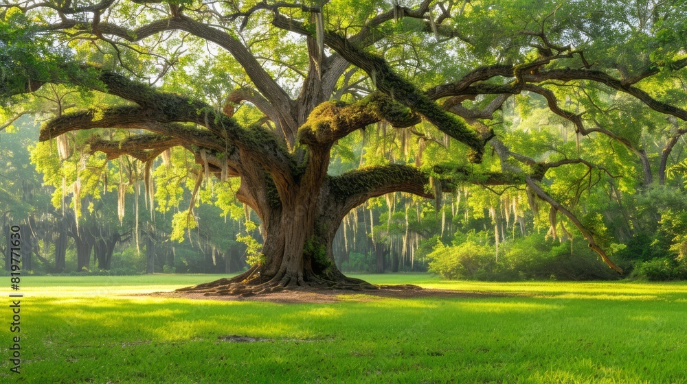 Obraz premium Huge And Old Oak Tree With Long Hanging Moss In A Green Field
