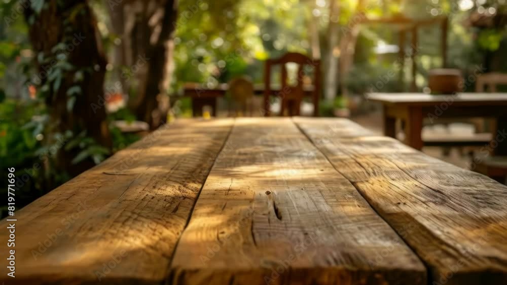 A wooden table with a few chairs around it. The table is empty and the chairs are not in use. The scene is outdoors and has a natural, peaceful feel to it A wooden table with a few chairs around it. The table is empty and the chairs are not in use. The scene is outdoors and has a natural, peaceful feel to it