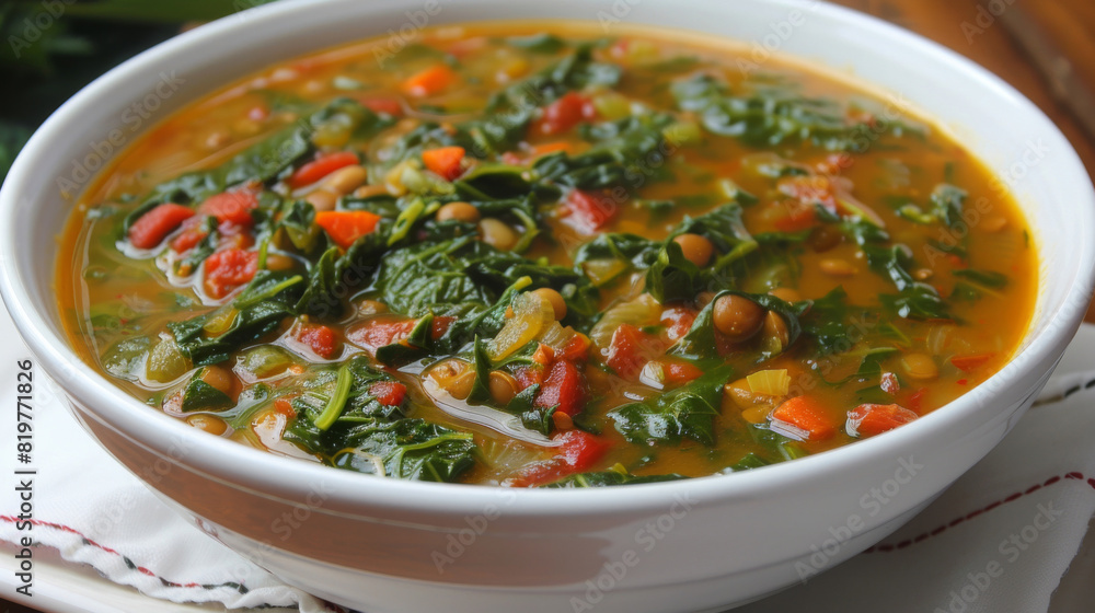 Tasty tanzanian spinach stew in a white bowl, packed with veggies and topped with peanut flavor, a nutritious vegan meal Tasty tanzanian spinach stew in a white bowl, packed with veggies and topped with peanut flavor, a nutritious vegan meal