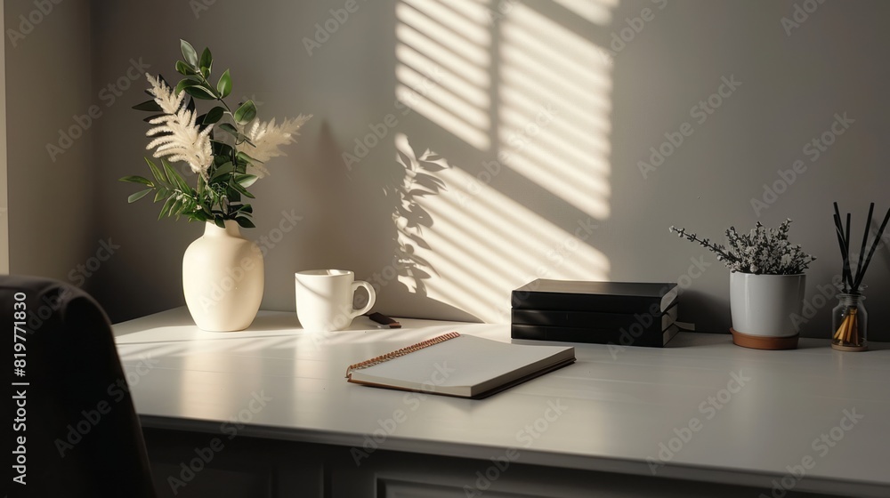 A Beautiful Home Office With A White Desk, Plants, And Books. The Perfect Place To Work On Your Next Project. A Beautiful Home Office With A White Desk, Plants, And Books. The Perfect Place To Work On Your Next Project.