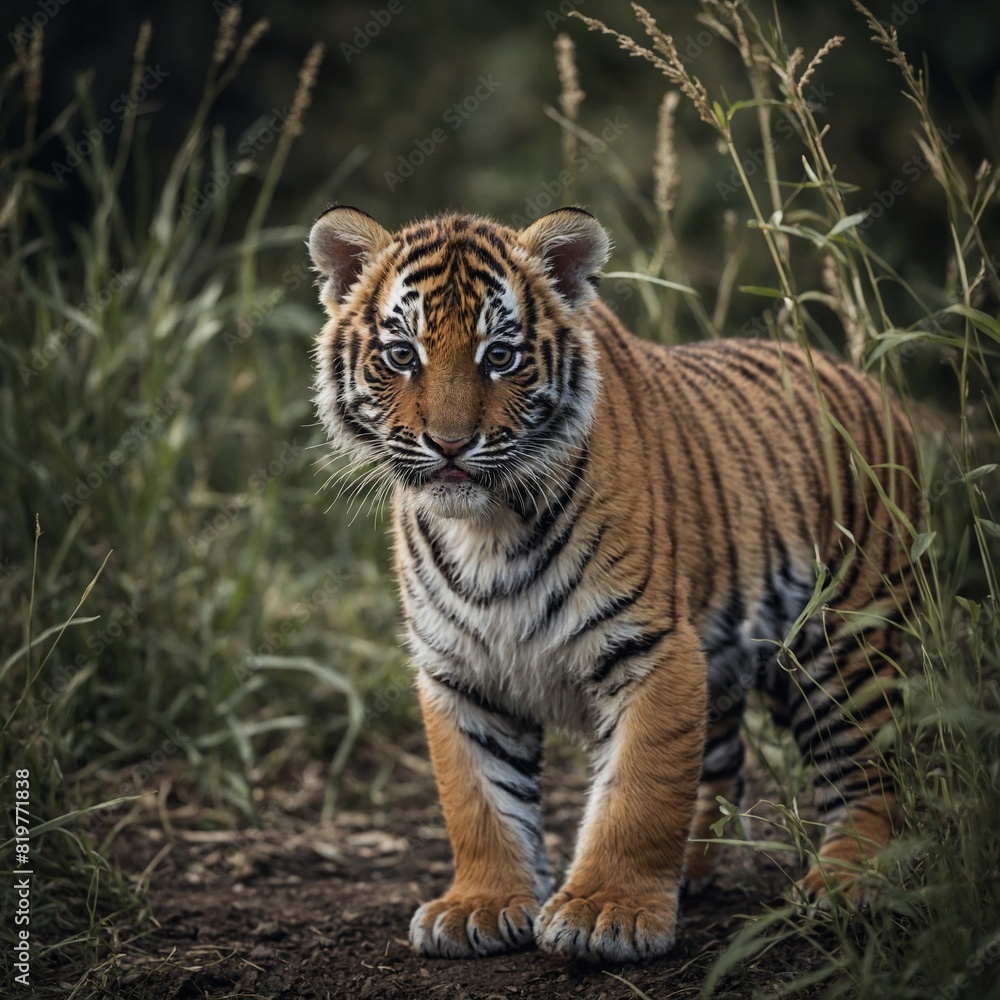 Obraz premium A tiger cub exploring its surroundings with curiosity and wonder.
