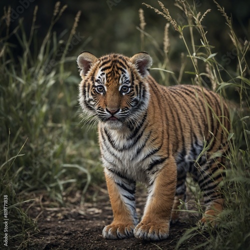 A tiger cub exploring its surroundings with curiosity and wonder.  