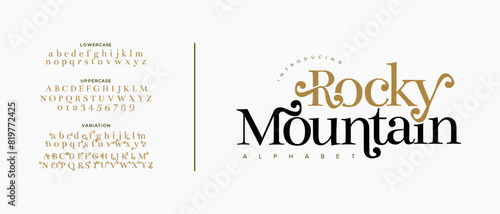 Rocky elegant font alphabet uppercase lowercase and number. Classic lettering minimal fashion designs. Typography modern serif fonts regular decorative vintage concept. Vector illustration