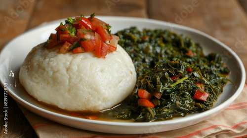 Traditional tanzanian meal with ugali, a cornmeal staple, paired with delicious sukuma wiki and topped with fresh diced tomatoes photo