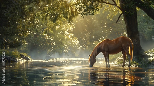 The tranquil beauty of a horse peacefully grazing in the shallows of a calm river, with the sunlight casting a warm glow over the serene scene © Apexan Graphics