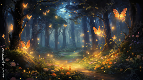 A magical watercolor illustration of fairies dancing in an enchanted forest at night. The scene is illuminated by glowing butterflies and surrounded by vibrant flowers.