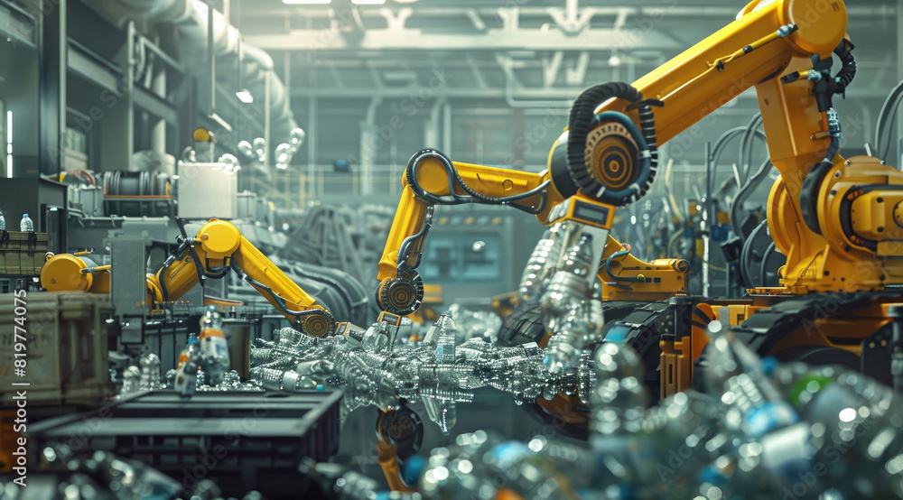A robotic arm is picking up plastic bottles from the floor of an industrial plant, surrounded by other robots and machines working on different stages in the recycling process.