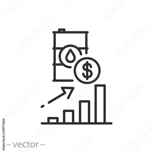 increase cost barrel oil icon, fuel crisis, rise in gasoline or diesel prices, thin line symbol on white background - editable stroke vector illustration