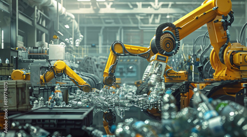 A robotic arm is picking up plastic bottles from the floor of an industrial plant  surrounded by other robots and machines working on different stages in the recycling process.