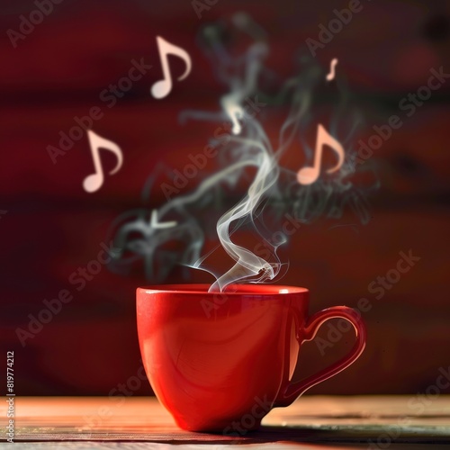 A red cup of coffee with smoke in the shape of musical notes