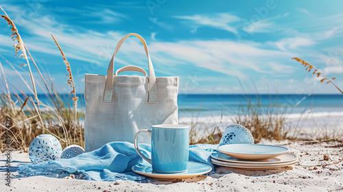 Set for picnic: basket, mug, bag, plate on white blanket against the beach coast. Advertising concept. Generative AI