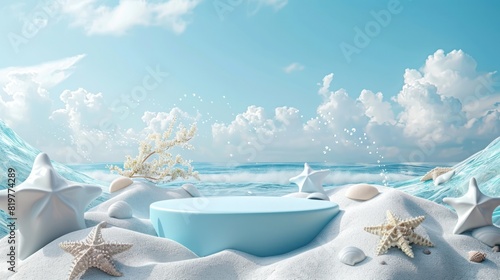 An illustration of a 3D rendered summer podium background with a 3D product display at a beach cosmetics sale.stage beauty sky shop water placement theme ad template mockup travel blue banner.