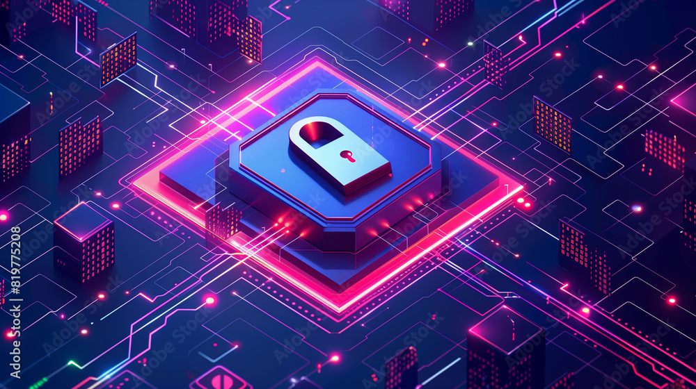 A blue and white image of a lock with a key on it. Concept of security and protection, as the lock is a symbol of keeping something safe