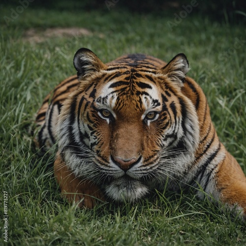 A tiger reclining in the grass with its eyes closed in contentment.  